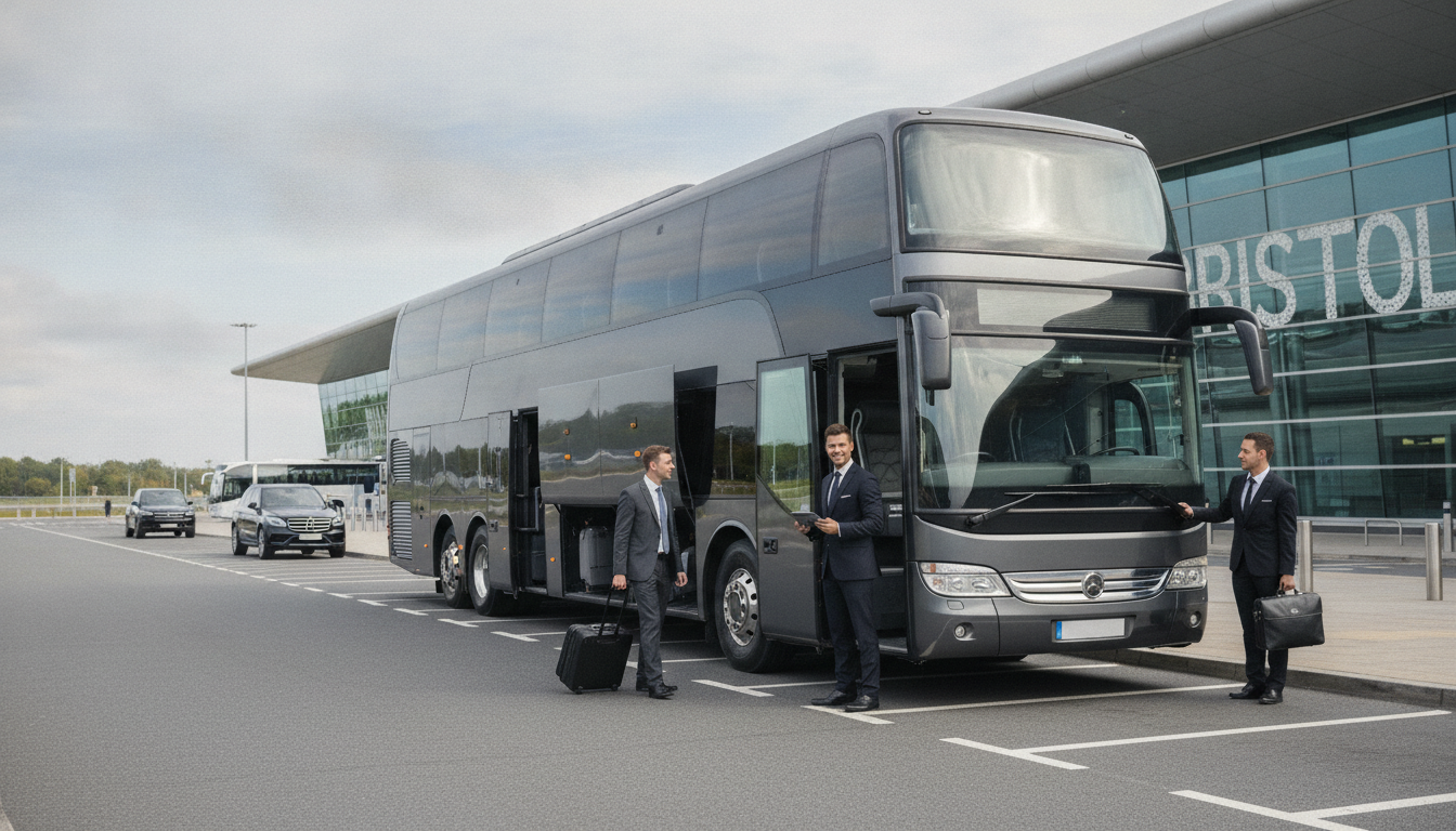 Client Comfort & Punctuality: Elevating Your Business Trip to Bristol — executive coach meeting a group at Bristol Airport