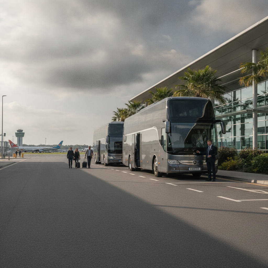 Our coach Fleet for Bristol Transfers — executive coach meeting a group at Bristol Airport