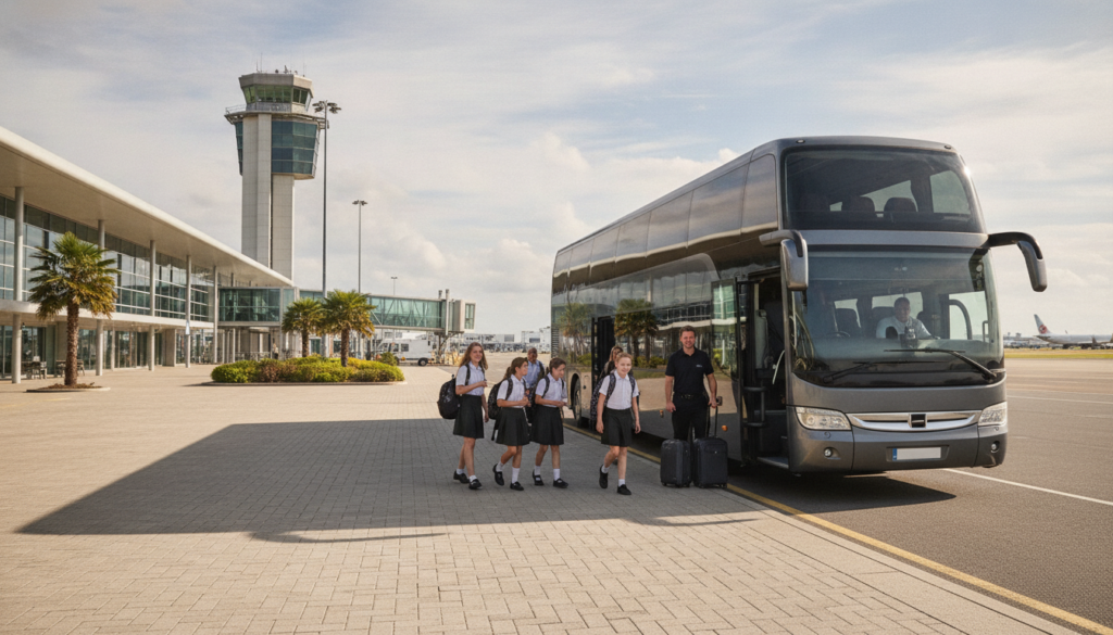 Educational Adventures Await: Group Coach Hire for Bristol School Excursions — executive coach meeting a group at Bristol Airport