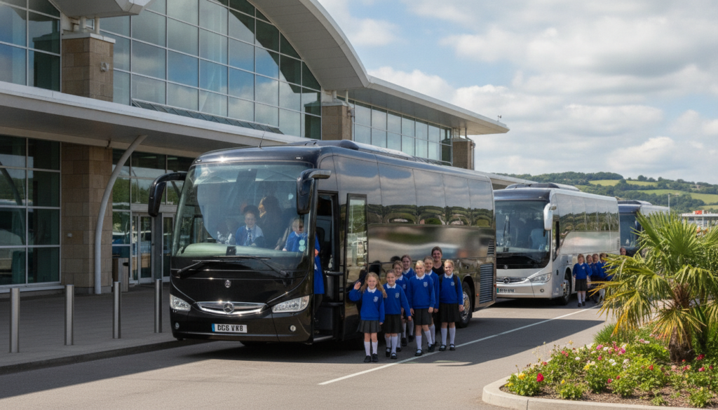 Planning School Trips to Bristol: Safety-First Coach Travel Solutions — executive coach meeting a group at Bristol Airport